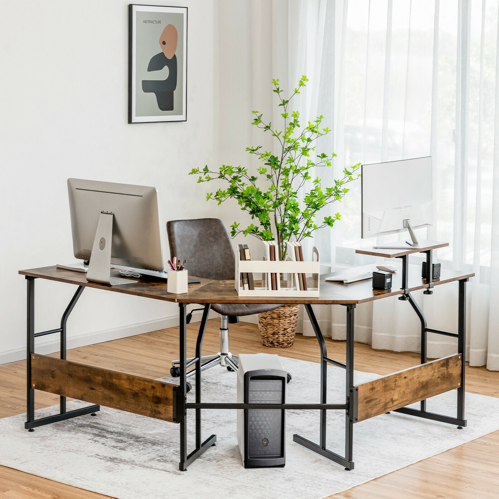 88.5 Inch L Shaped Reversible Computer Desk Table with Monitor Stand-Rustic Brown