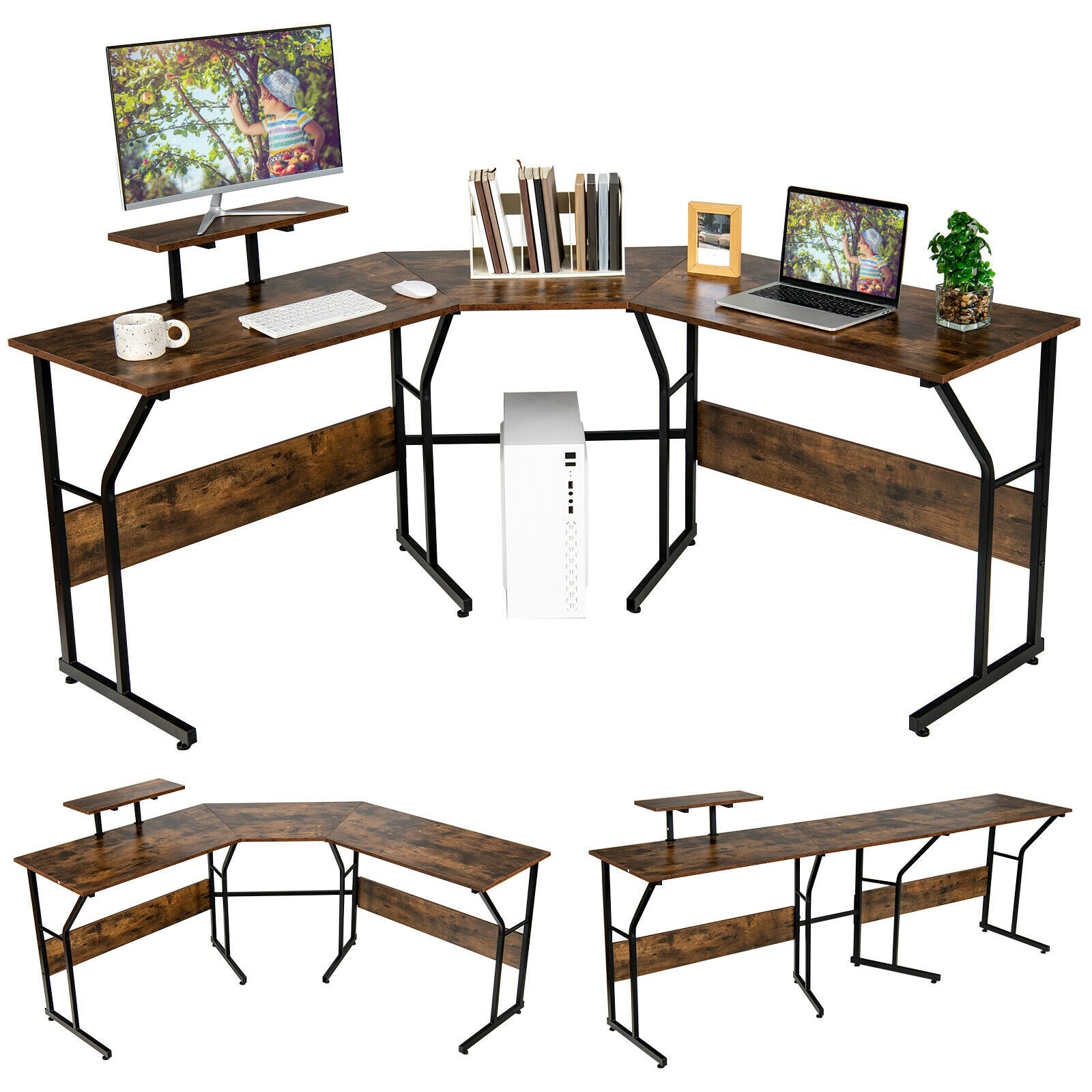 88.5 Inch L Shaped Reversible Computer Desk Table with Monitor Stand-Rustic Brown