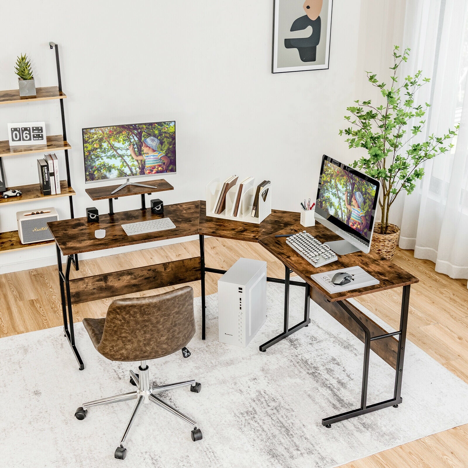 88.5 Inch L Shaped Reversible Computer Desk Table with Monitor Stand-Rustic Brown 