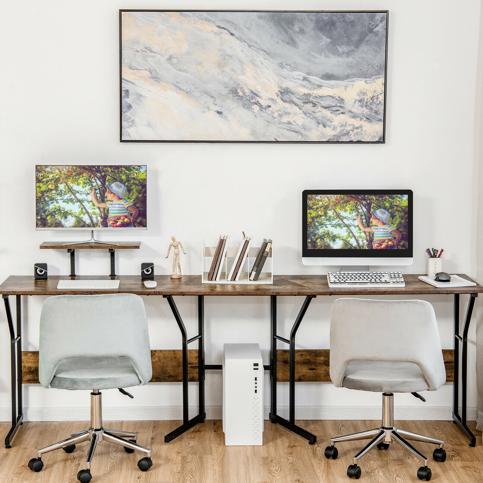 88.5 Inch L Shaped Reversible Computer Desk Table with Monitor Stand-Rustic Brown