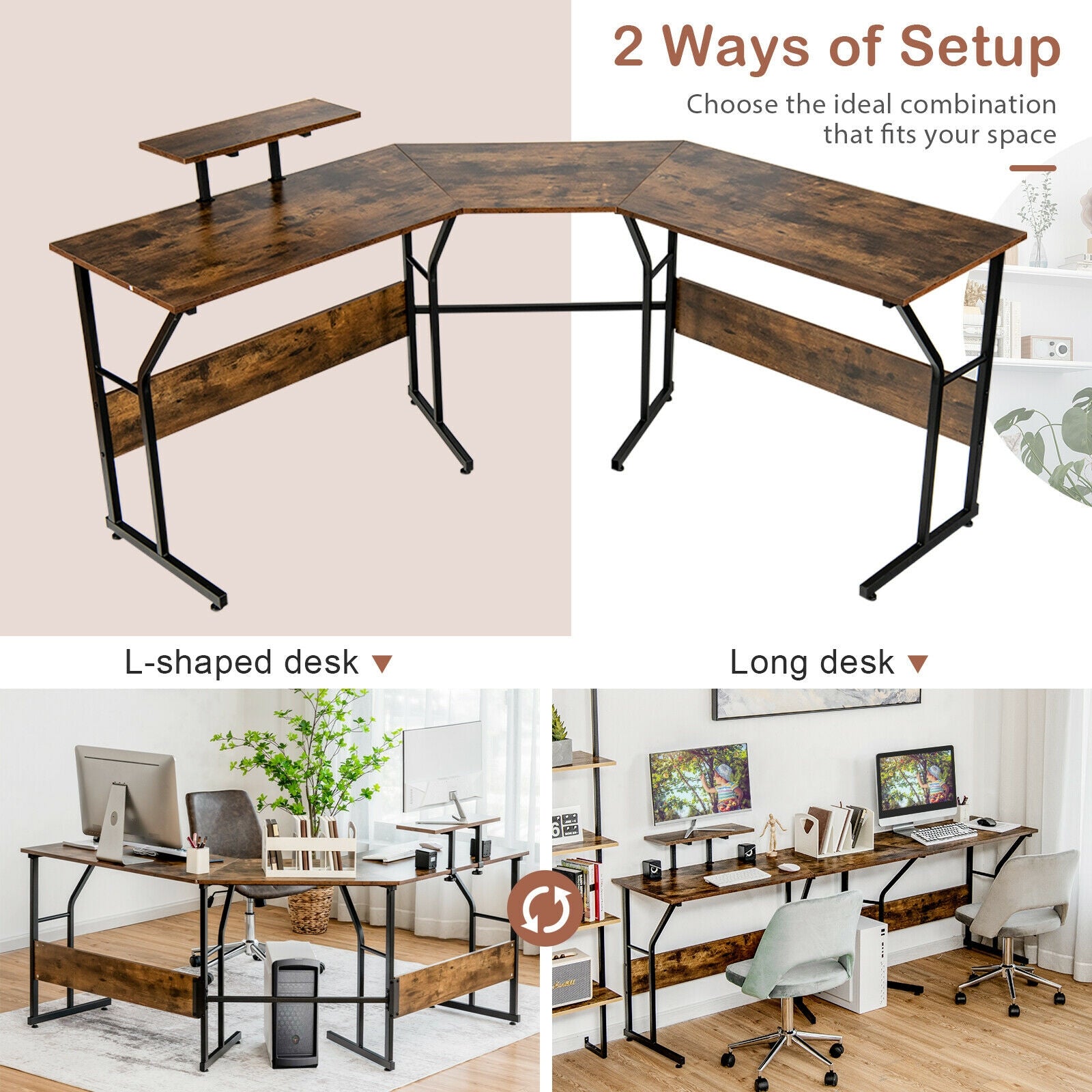 88.5 Inch L Shaped Reversible Computer Desk Table with Monitor Stand-Rustic Brown 