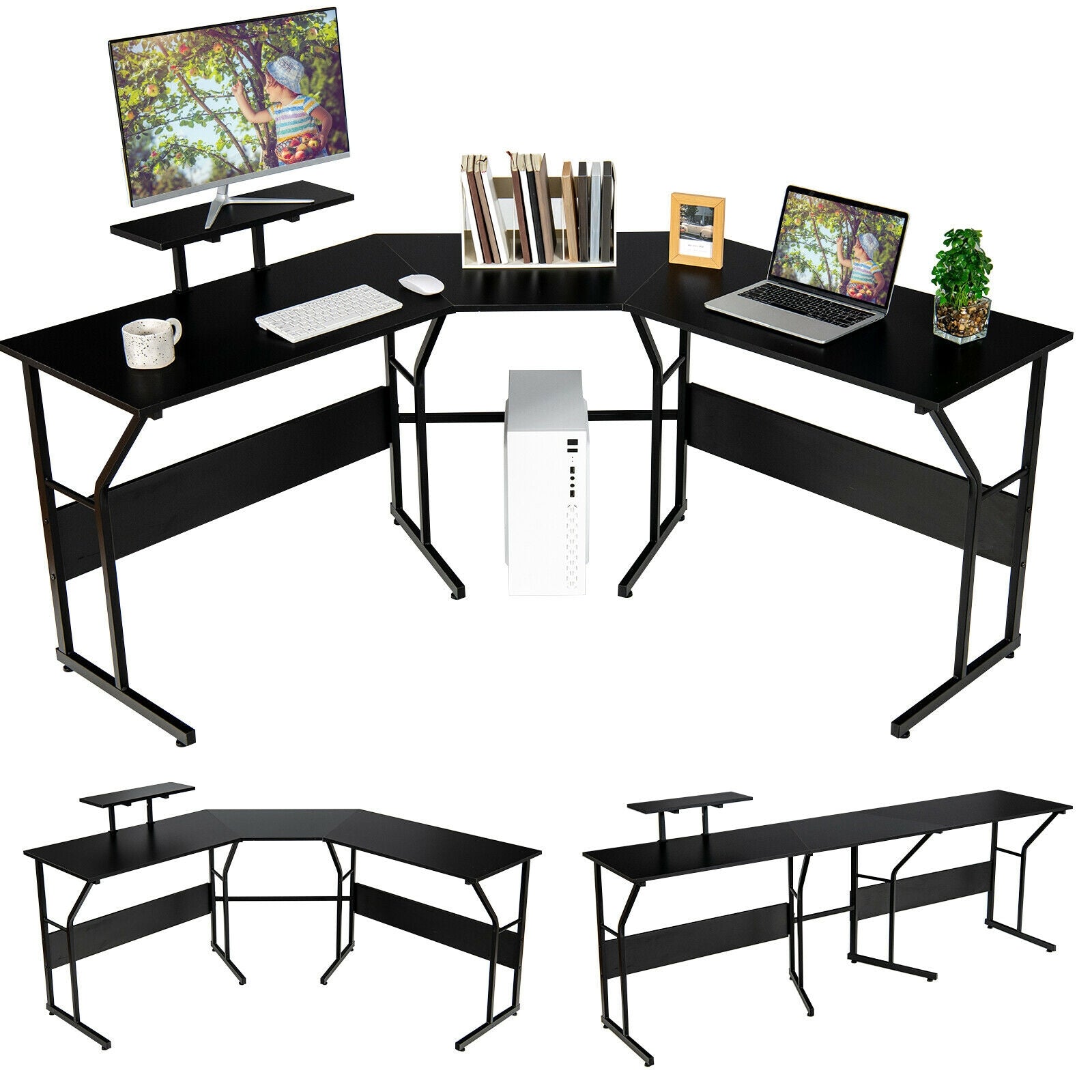 88.5 Inch L Shaped Reversible Computer Desk Table with Monitor Stand-Black