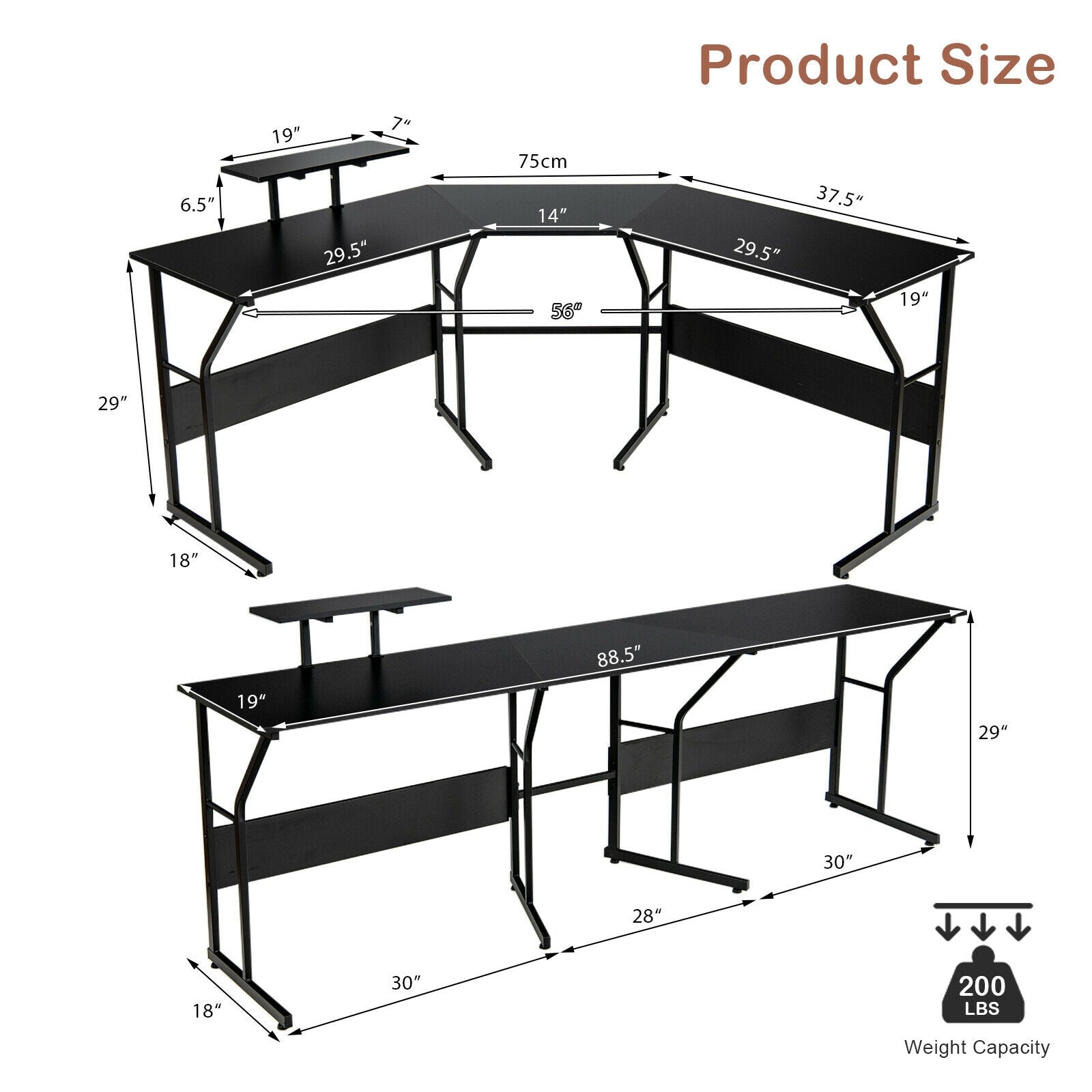 88.5 Inch L Shaped Reversible Computer Desk Table with Monitor Stand-Black