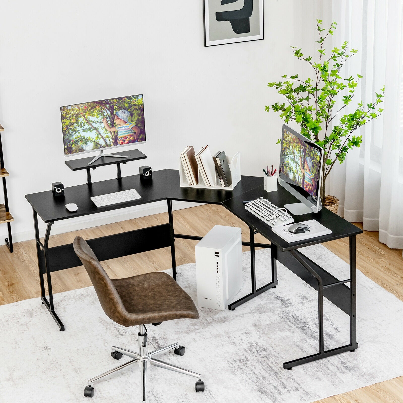 88.5 Inch L Shaped Reversible Computer Desk Table with Monitor Stand-Black 