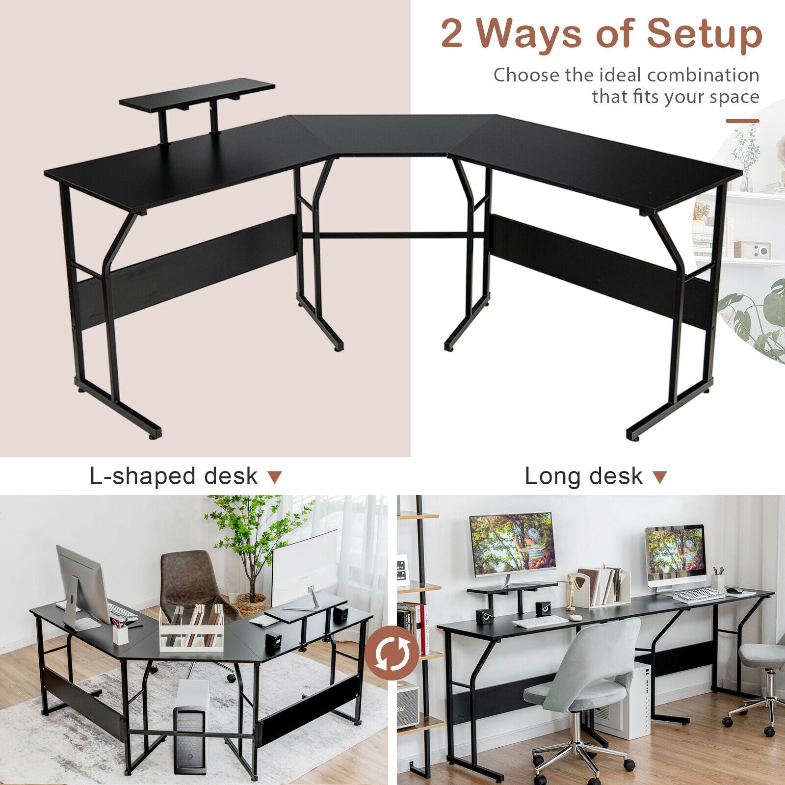 88.5 Inch L Shaped Reversible Computer Desk Table with Monitor Stand-Black 