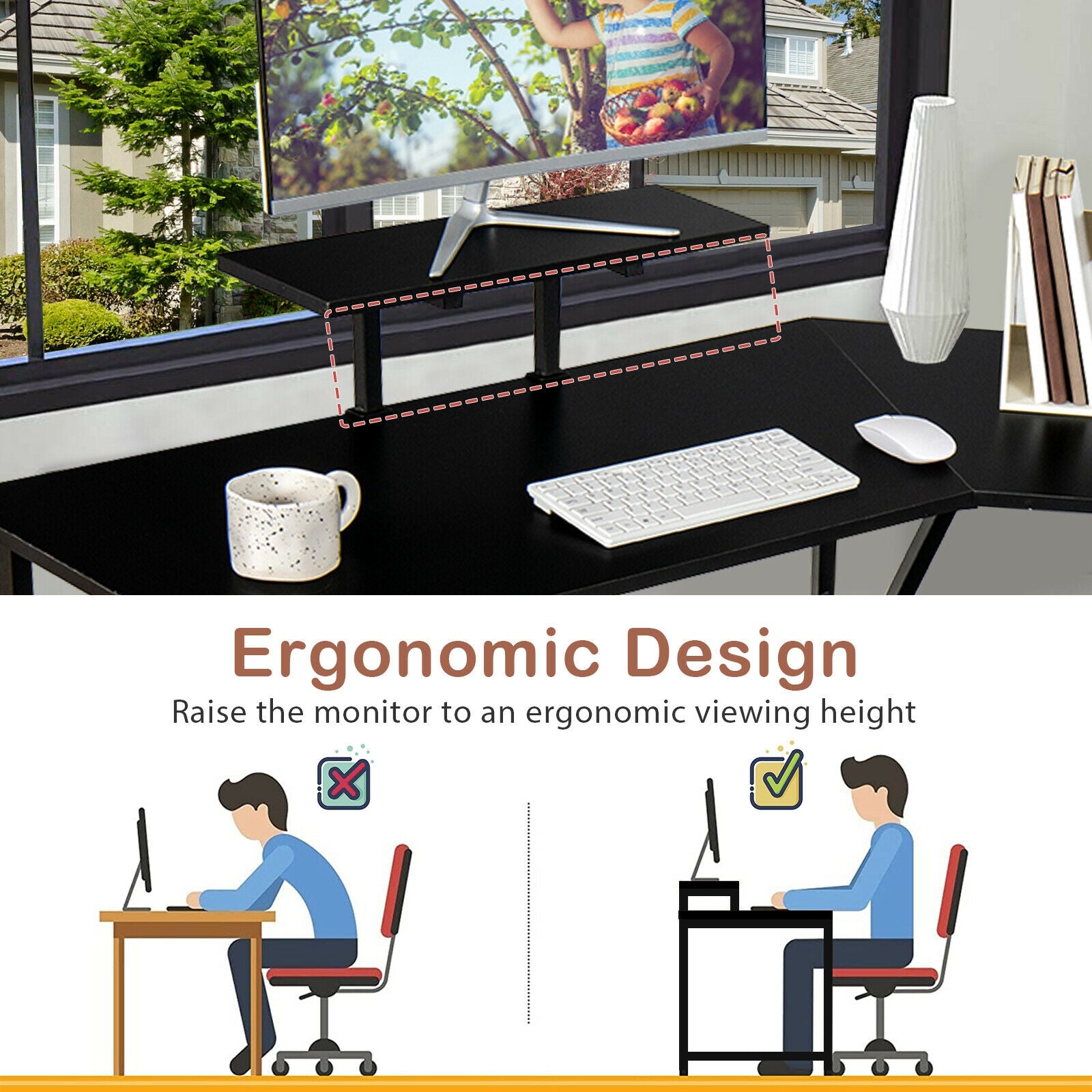 88.5 Inch L Shaped Reversible Computer Desk Table with Monitor Stand-Black