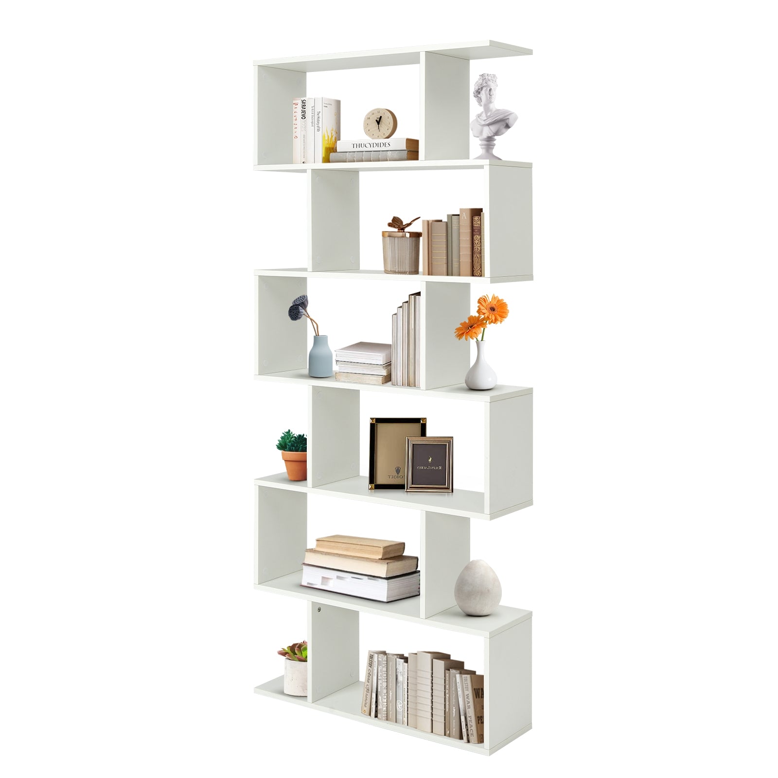 6 Tier S-Shaped Bookshelf Storage Display Bookcase Decor Z-Shelf-White