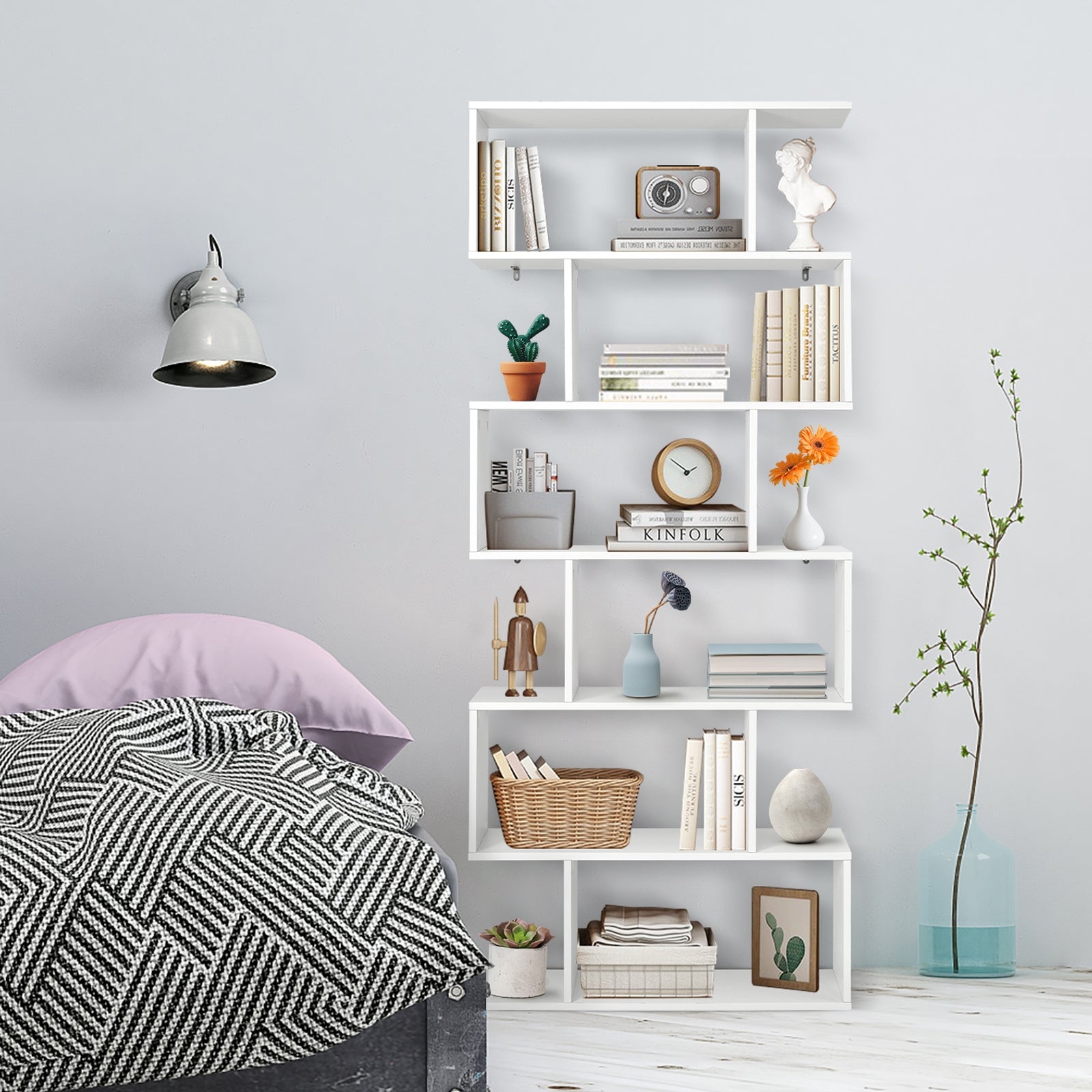 6 Tier S-Shaped Bookshelf Storage Display Bookcase Decor Z-Shelf-White