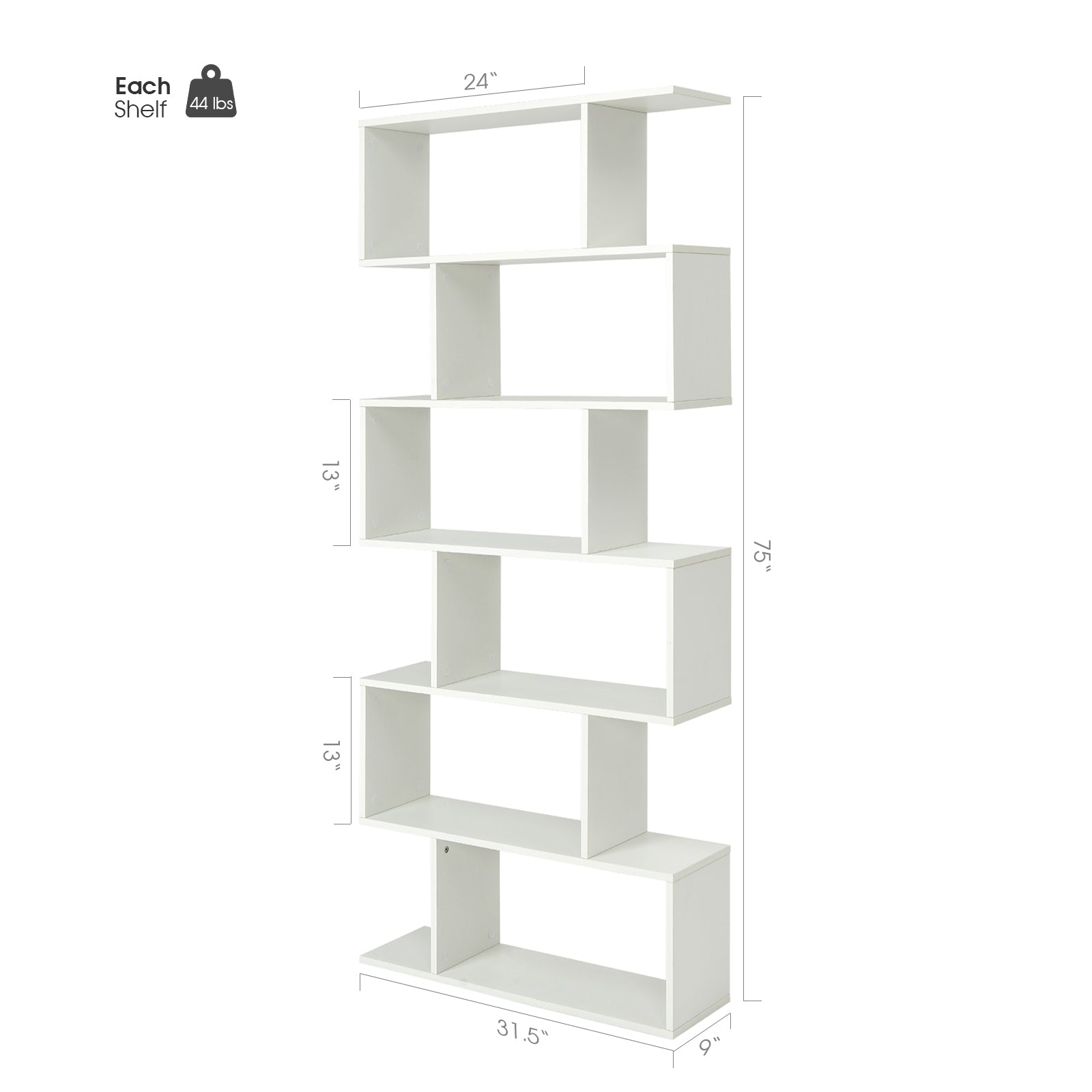 6 Tier S-Shaped Bookshelf Storage Display Bookcase Decor Z-Shelf-White