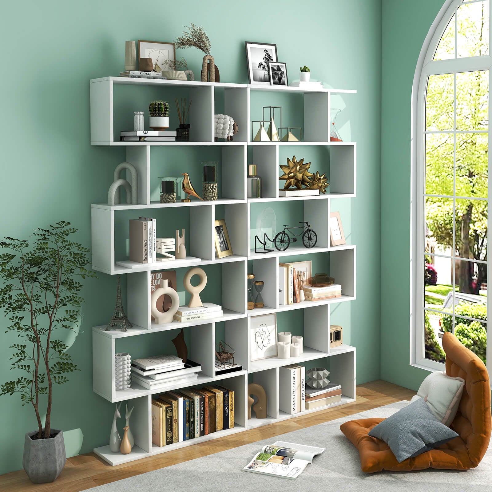 6 Tier S-Shaped Bookshelf Storage Display Bookcase Decor Z-Shelf-White