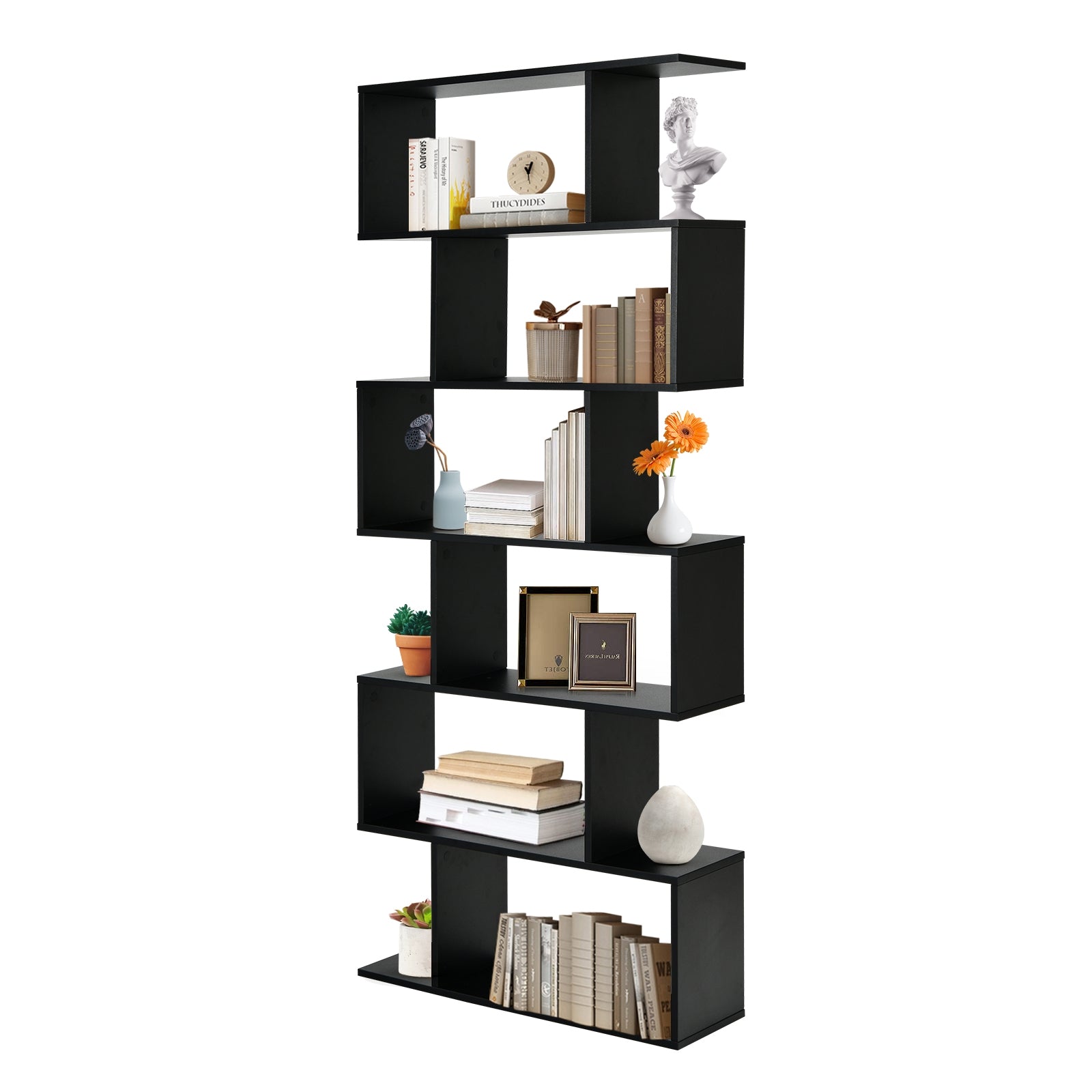 6 Tier S-Shaped Bookshelf Storage Display Bookcase Decor Z-Shelf-Black