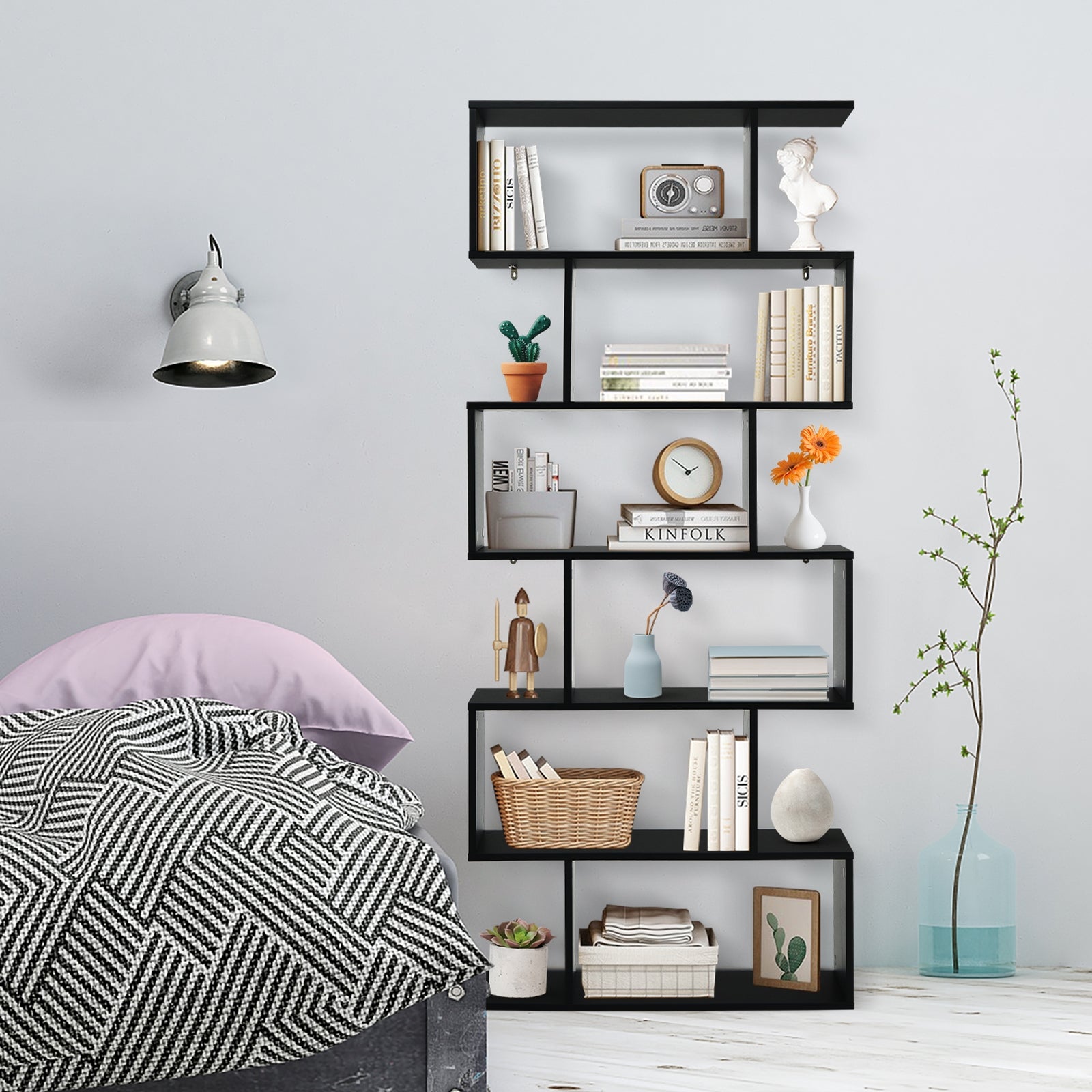 6 Tier S-Shaped Bookshelf Storage Display Bookcase Decor Z-Shelf-Black