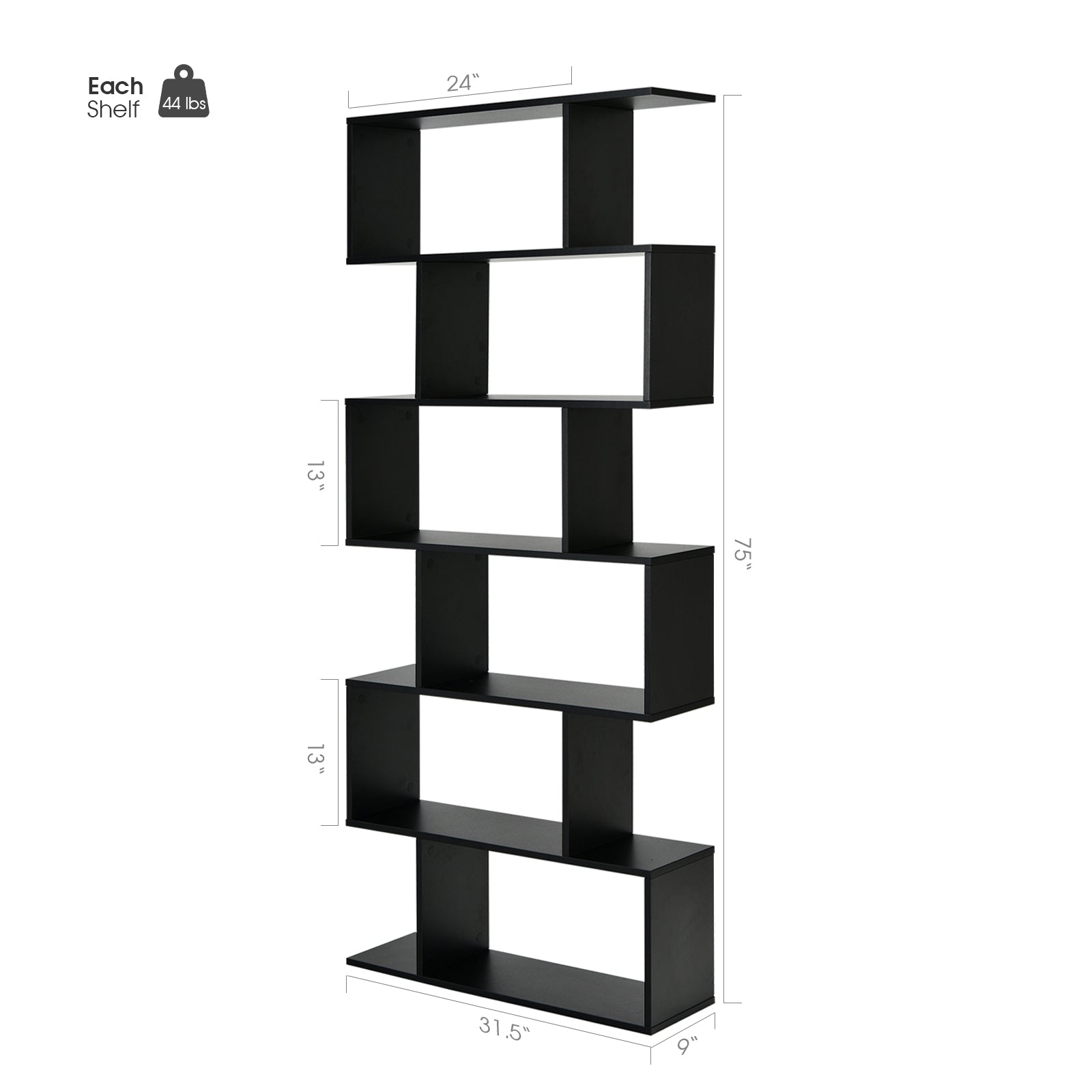 6 Tier S-Shaped Bookshelf Storage Display Bookcase Decor Z-Shelf-Black