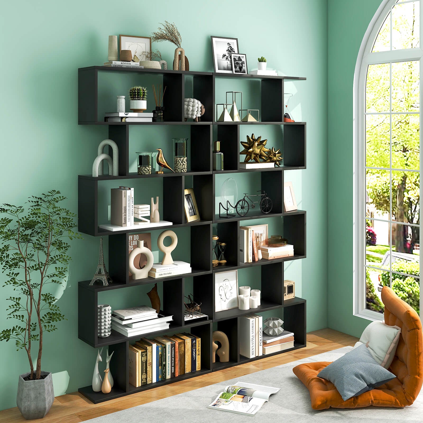 6 Tier S-Shaped Bookshelf Storage Display Bookcase Decor Z-Shelf-Black