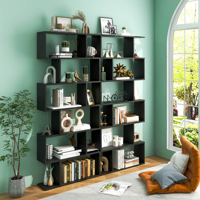 6 Tier S-Shaped Bookshelf Storage Display Bookcase Decor Z-Shelf-Black 