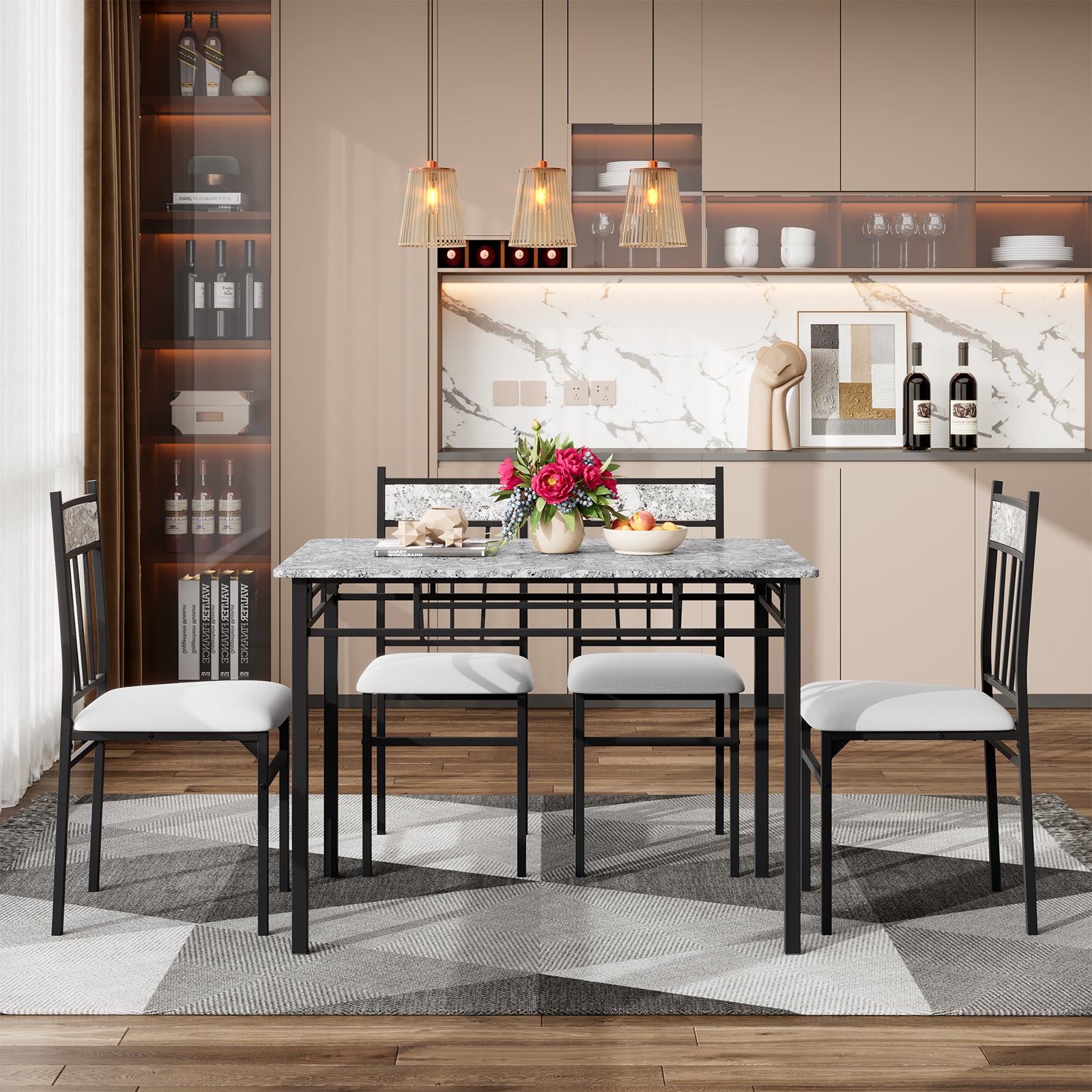 5 Pieces Faux Marble Dining Set Table with Solid Steel FrameÂ 