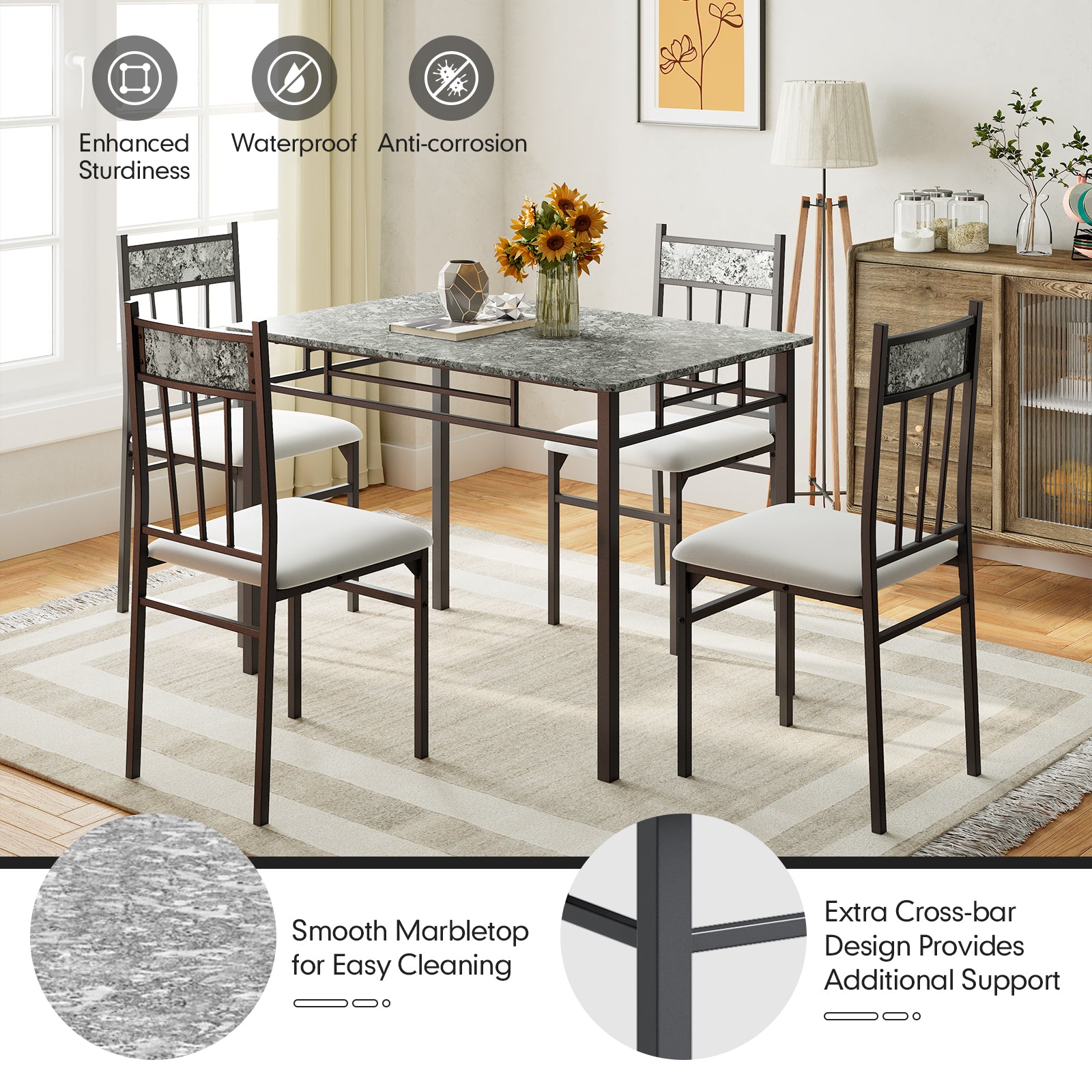5 Pieces Faux Marble Dining Set Table with Solid Steel FrameÂ 