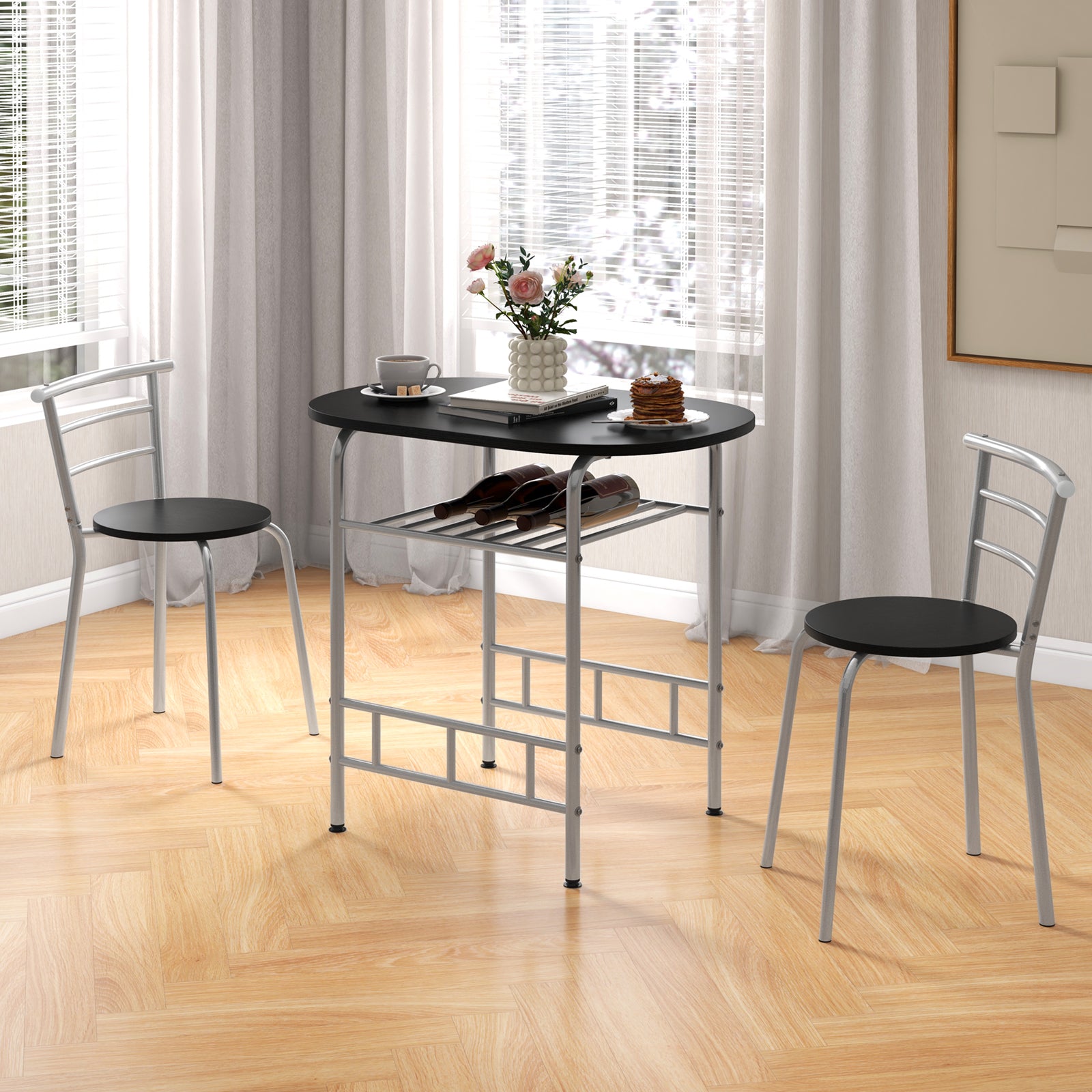 Home Kitchen 3 pcs Bistro Pub Dining Table 2 Chairs Set-SilverÂ 