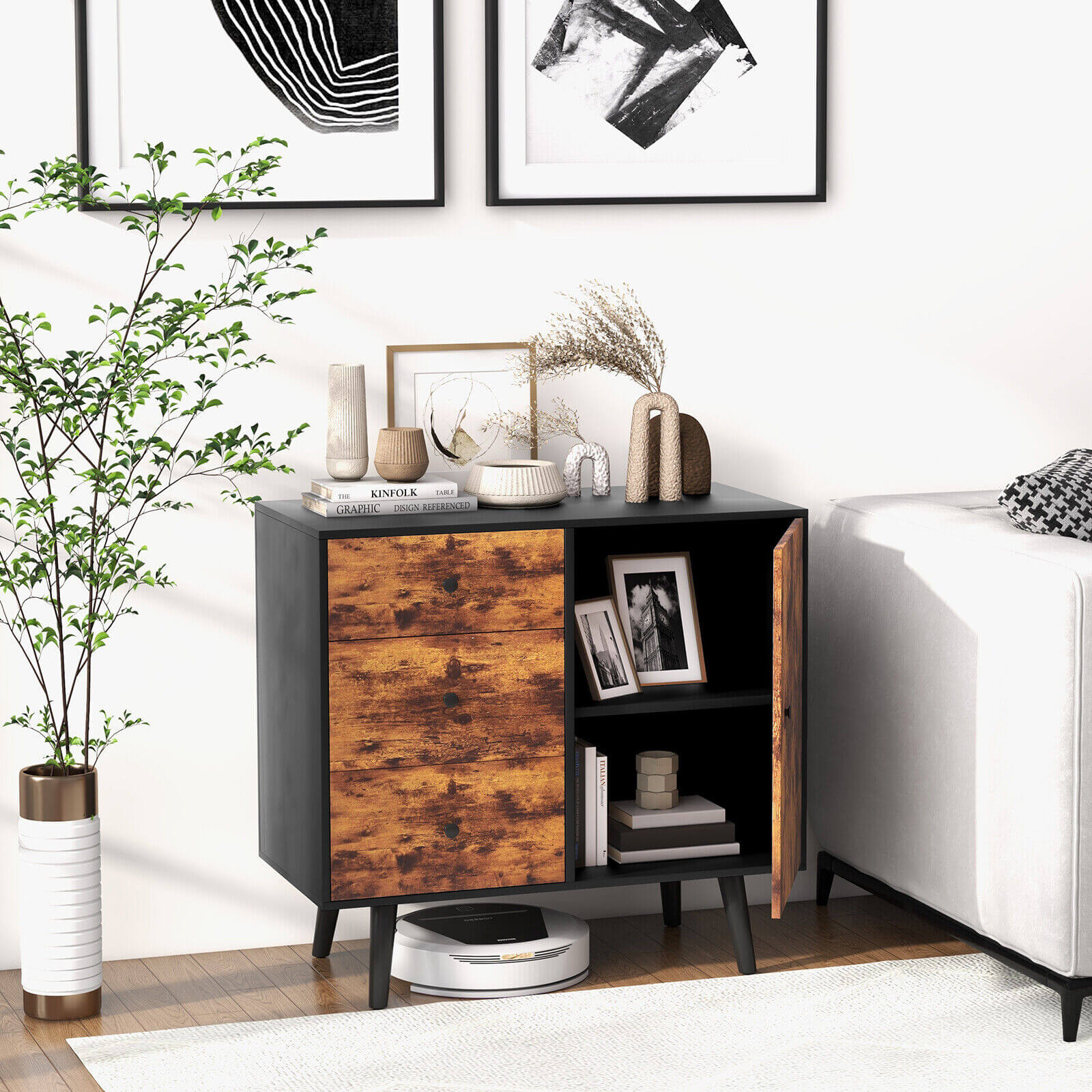 Mid-Century Wood Storage Cabinet with Door and 3 Drawers 