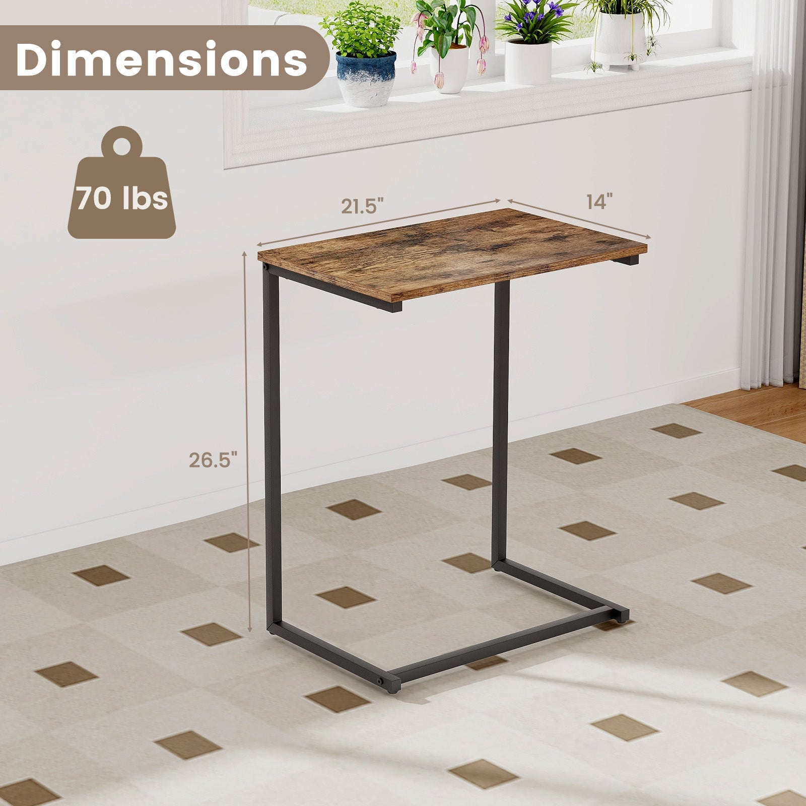 C-shaped Industrial End Table with Metal Frame