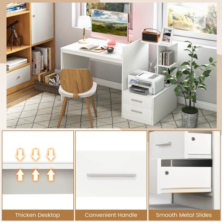 Computer Desk Home Office with Bookshelf and Drawers-White