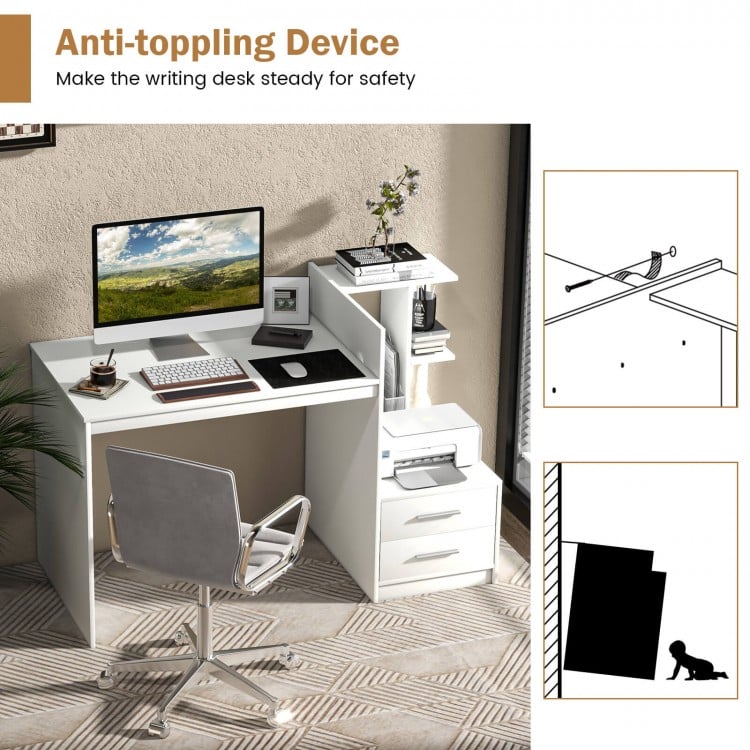Computer Desk Home Office with Bookshelf and Drawers-White
