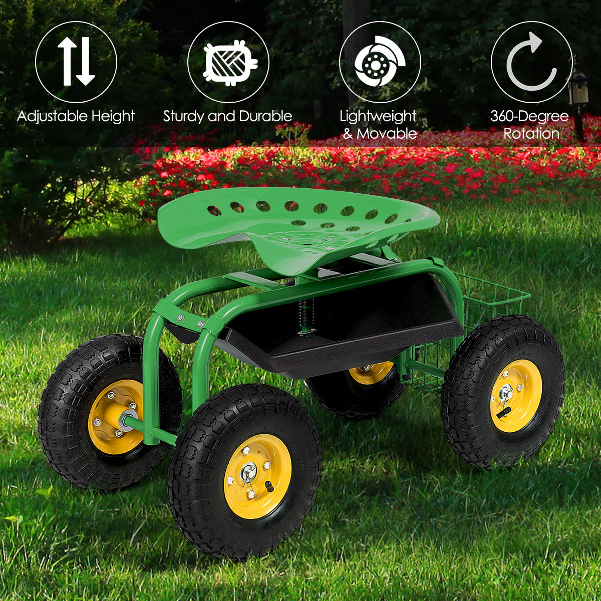 Red/Green Garden Cart Rolling Work Seat With Heavy Duty Tool Tray Gardening Planting-GreenÂ 