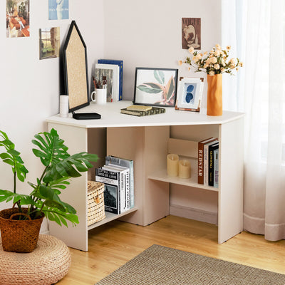 Corner Computer Desk Triangle Writing Workstation with Storage Shelf-White 