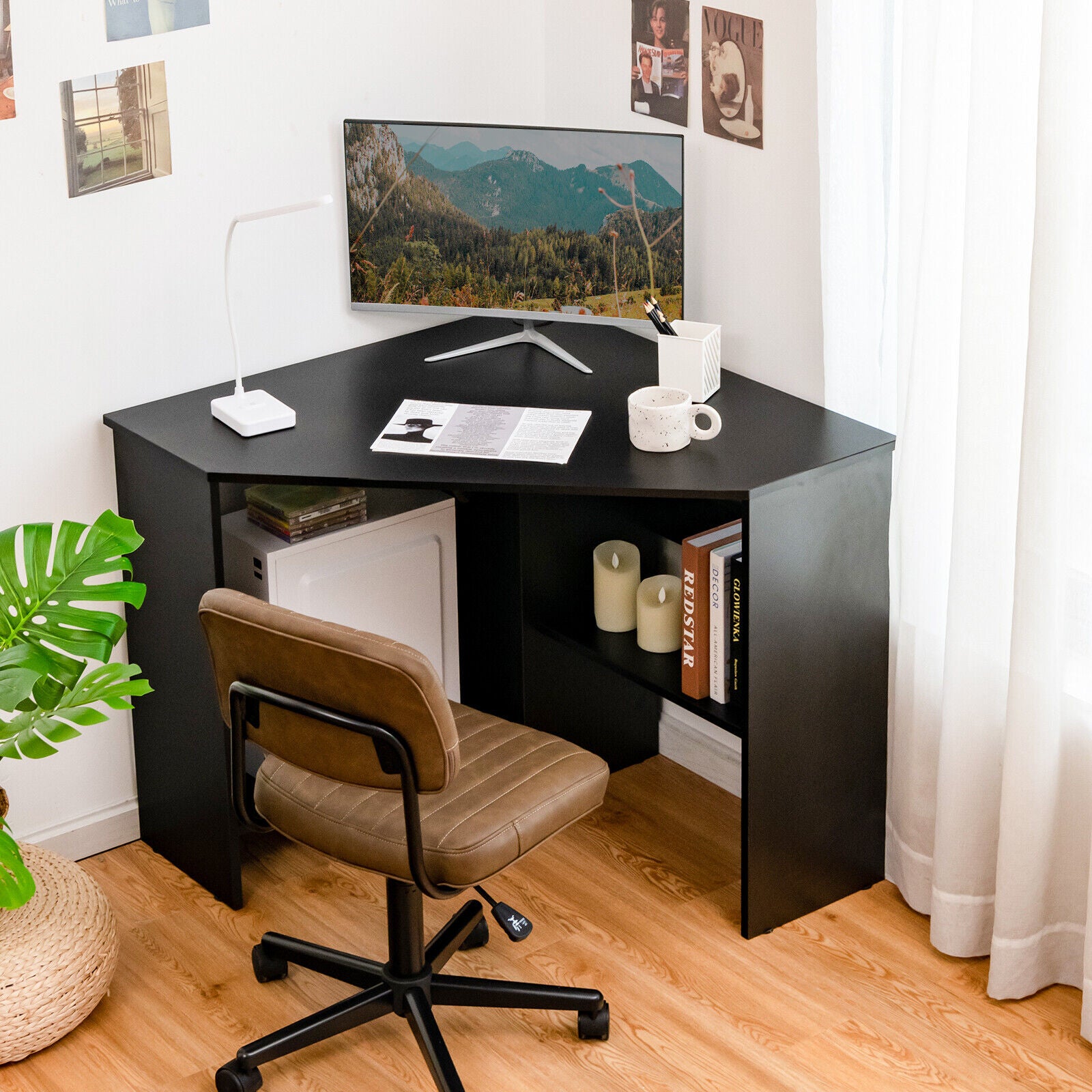 Corner Computer Desk Triangle Writing Workstation with Storage Shelf-Black