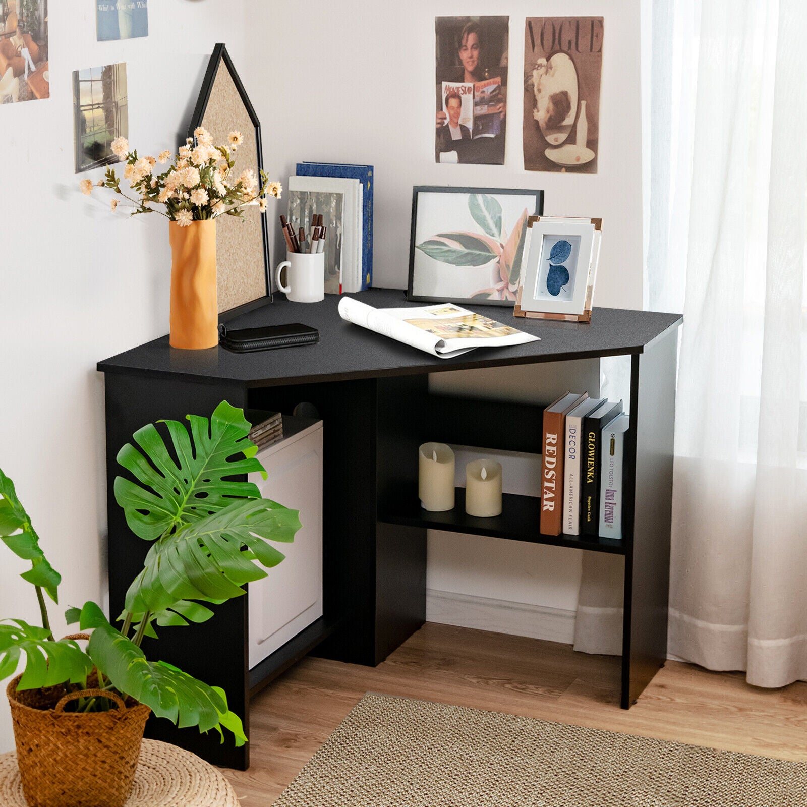 Corner Computer Desk Triangle Writing Workstation with Storage Shelf-Black