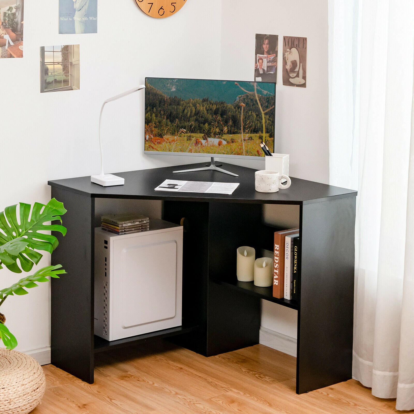 Corner Computer Desk Triangle Writing Workstation with Storage Shelf-Black