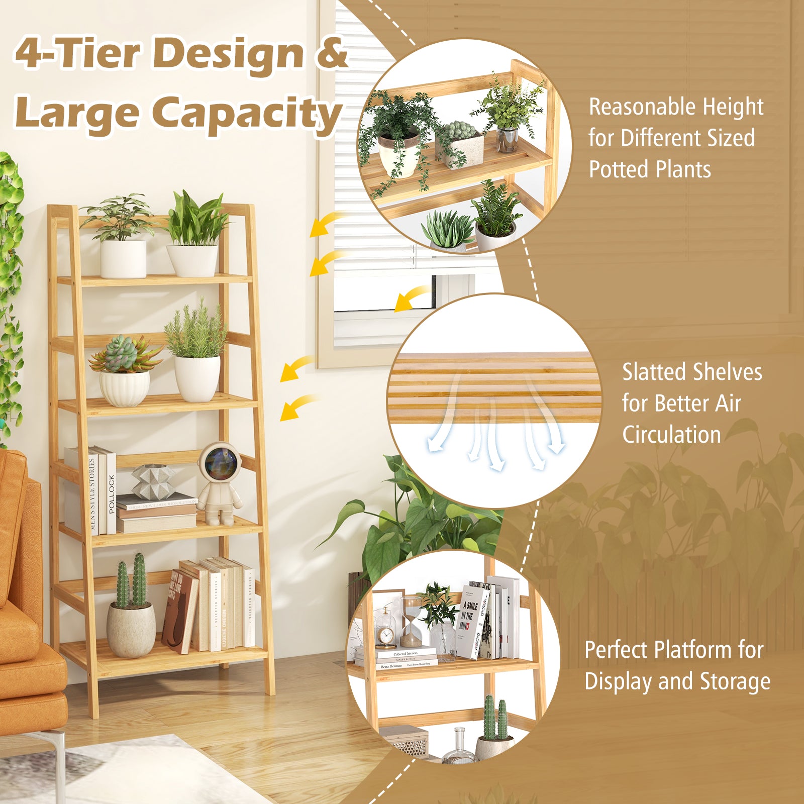 47.5 Inch 4-Tier Multifunctional Bamboo Bookcase Storage Stand RackÂ 
