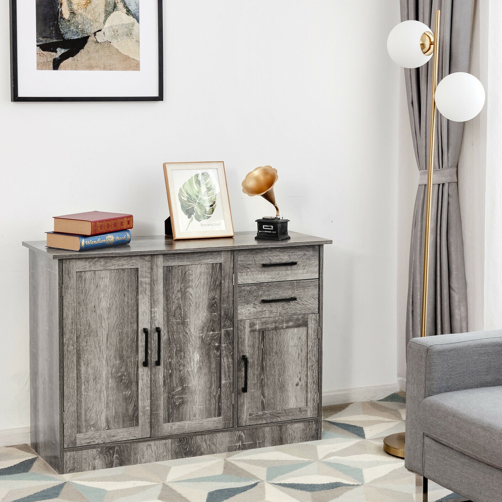 Buffet Storage Cabinet  Kitchen Sideboard with 2 Drawers-Gray