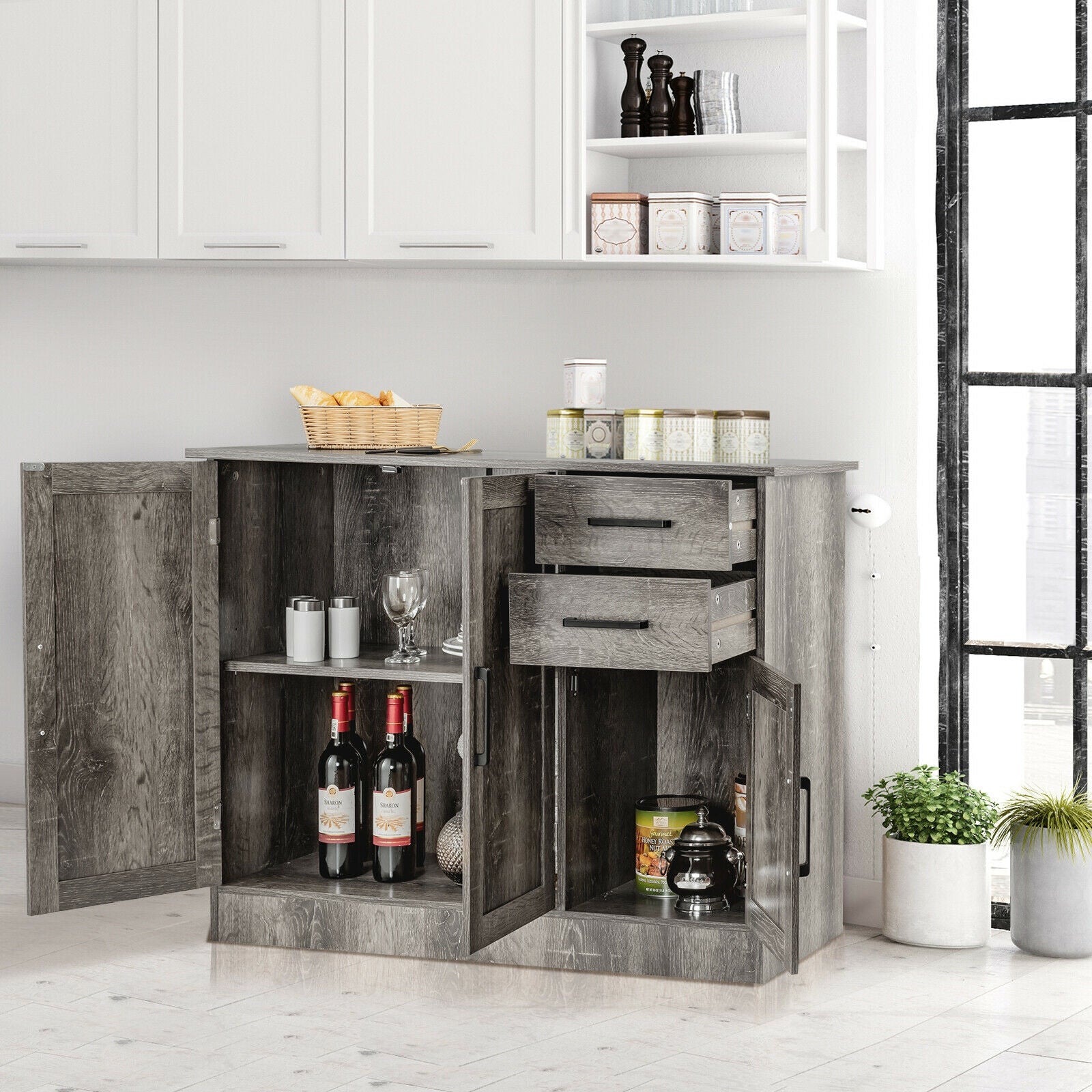 Buffet Storage Cabinet  Kitchen Sideboard with 2 Drawers-Gray