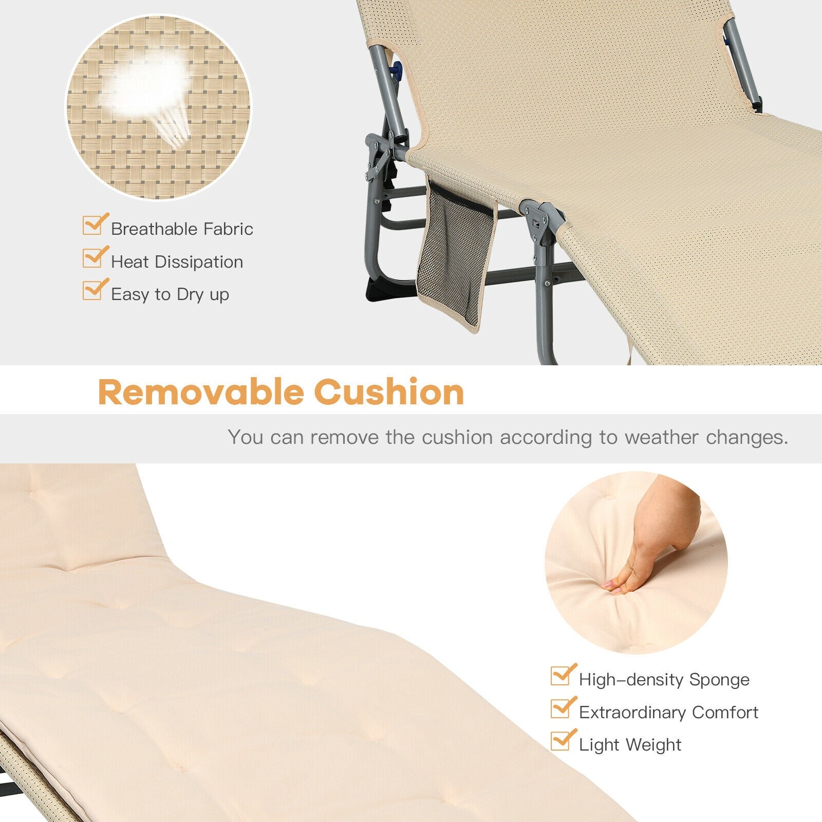 4-Fold Oversize Padded Folding Lounge Chair with Removable Soft Mattress-Beige