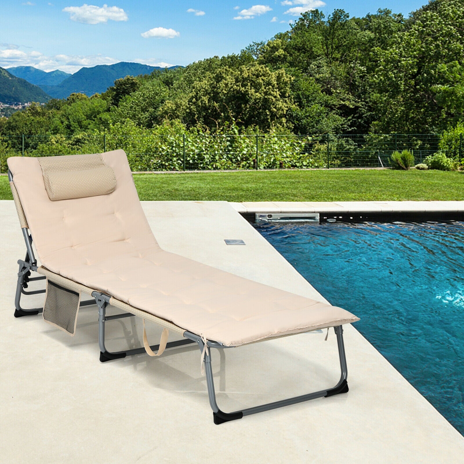 4-Fold Oversize Padded Folding Lounge Chair with Removable Soft Mattress-Beige 