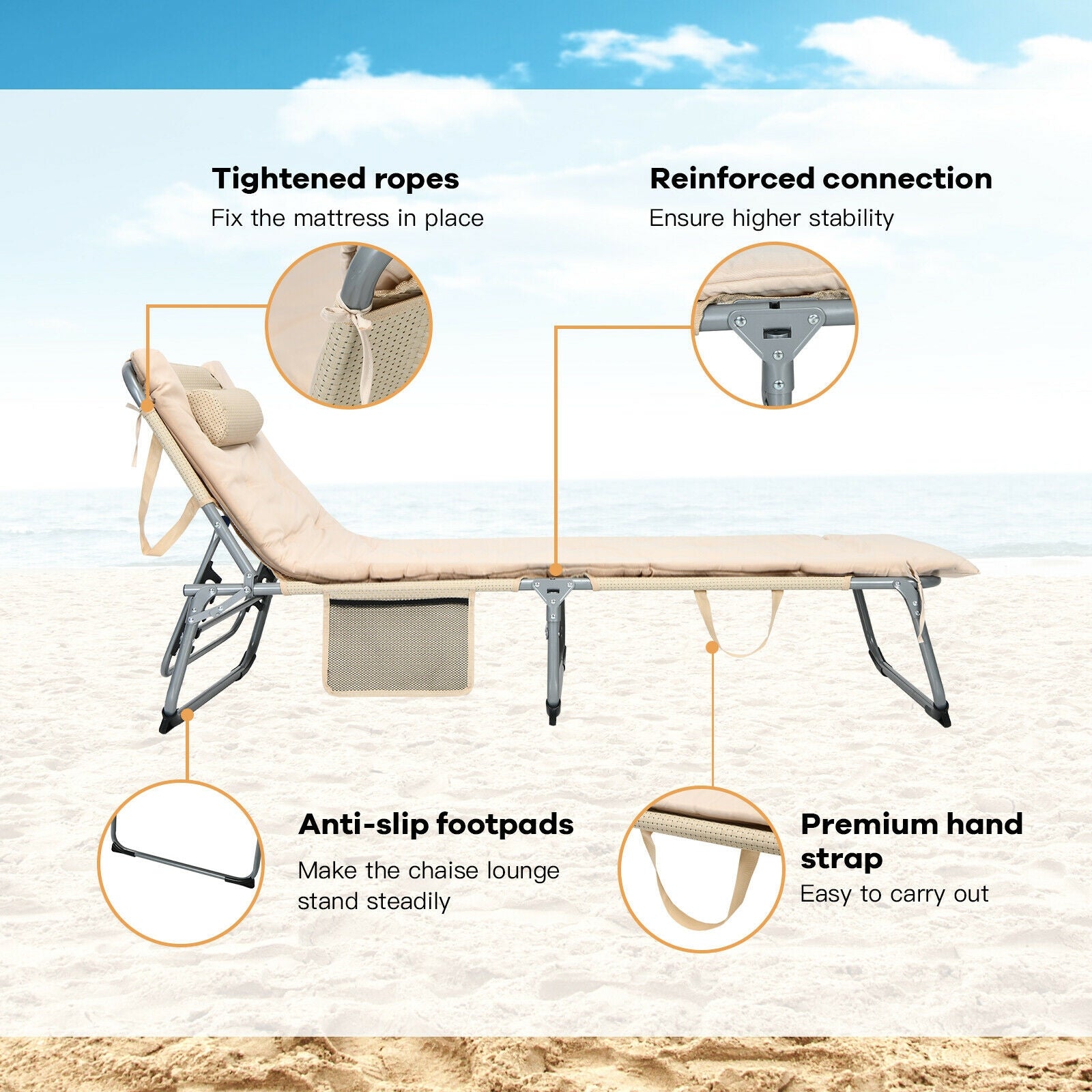 4-Fold Oversize Padded Folding Lounge Chair with Removable Soft Mattress-Beige 