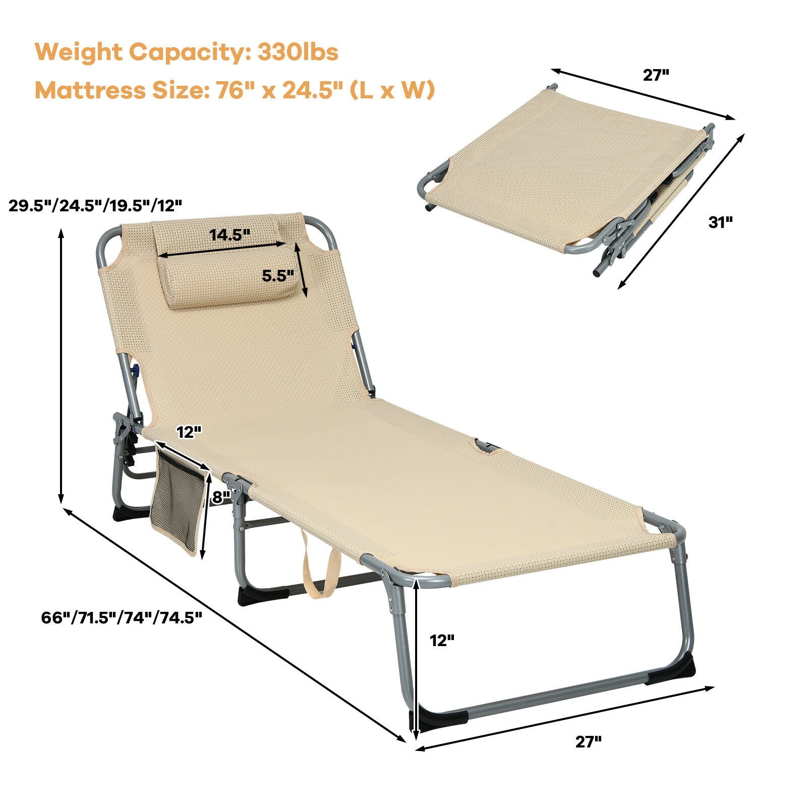 4-Fold Oversize Padded Folding Lounge Chair with Removable Soft Mattress-Beige