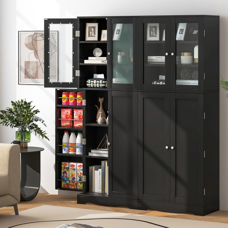 Tall Kitchen Pantry Cabinet with Dual Tempered Glass Doors and Shelves-Black