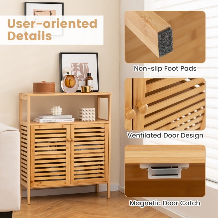 Bamboo Bathroom Floor Storage Cabinet with Shutter Doors-Natural