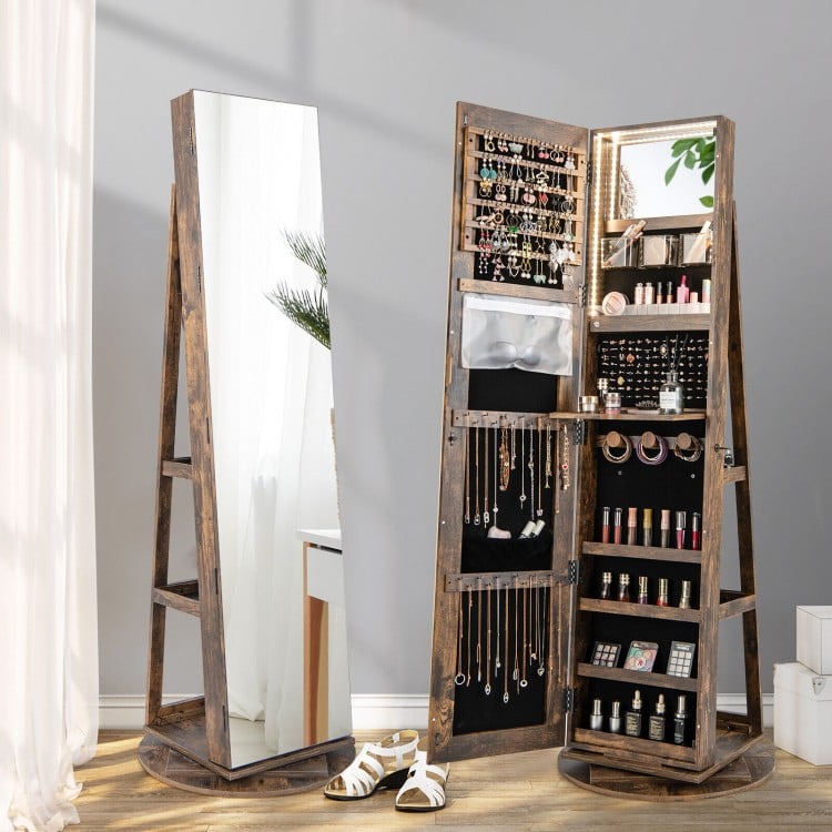 360° Rotating Mirrored Jewelry Cabinet Armoire 3 Color LED Modes Lockable-Dark Brown