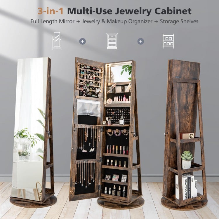 360° Rotating Mirrored Jewelry Cabinet Armoire 3 Color LED Modes Lockable-Dark Brown