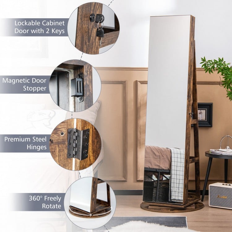 360° Rotating Mirrored Jewelry Cabinet Armoire 3 Color LED Modes Lockable-Dark Brown