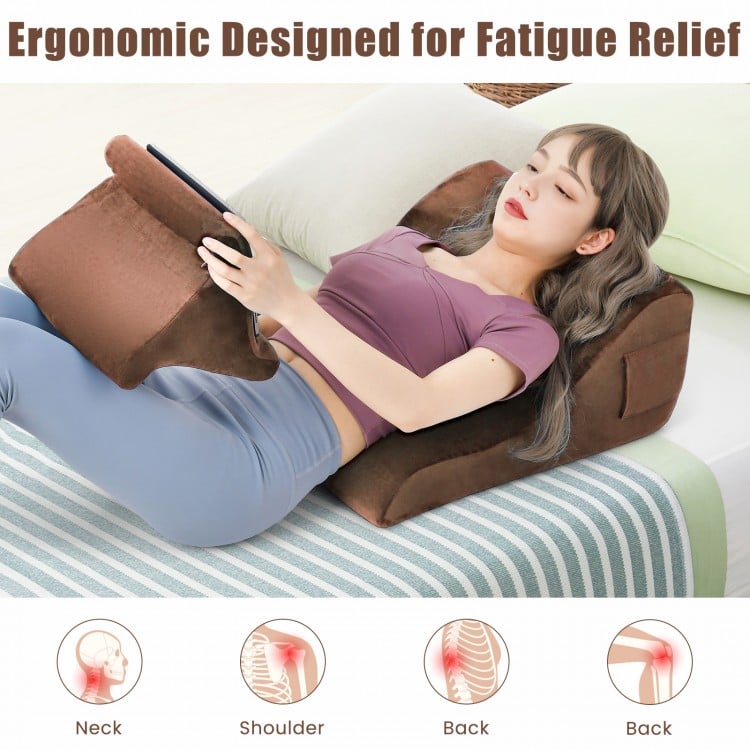 Bed Wedge Pillow with Tablet Pillow Stand and Side Pockets-Brown