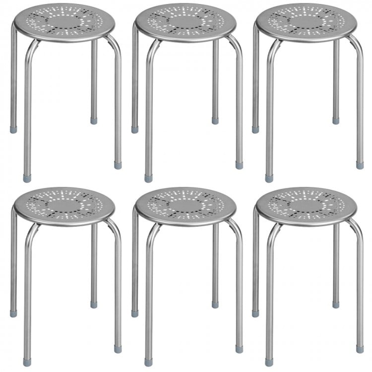 6-Pack Stackable Multifunctional Daisy Design Backless Round Metal Stool Set-Grey