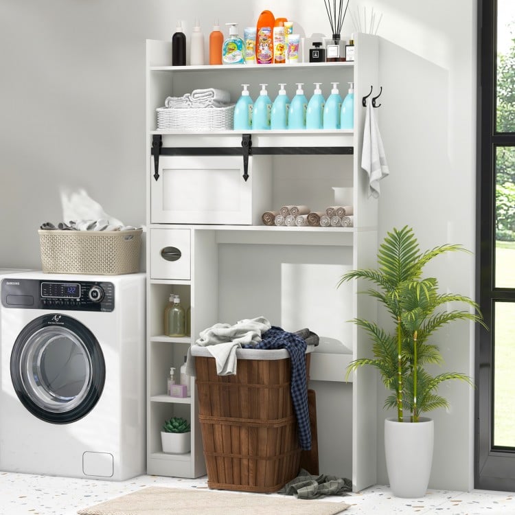 Over The Toilet Storage Cabinet with Sliding Barn Door and Adjustable Shelves-White