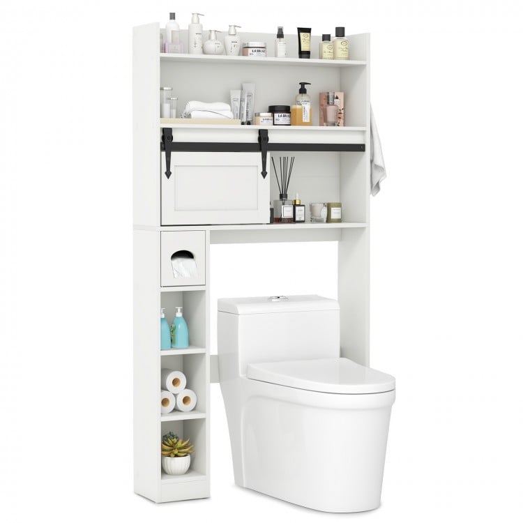 Over The Toilet Storage Cabinet with Sliding Barn Door and Adjustable Shelves-White