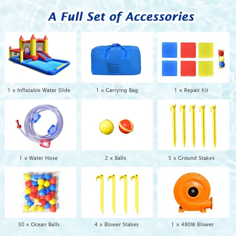 Inflatable Water Slide Castle Kids Bounce House with 480W Blower