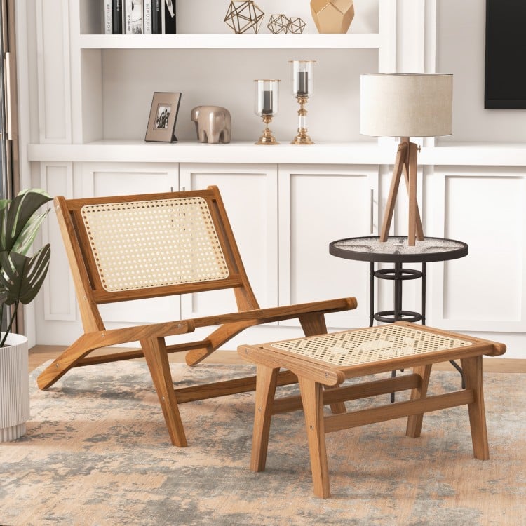 Natural Teak Wooden Foot Rest with Handwoven Rattan - Natural