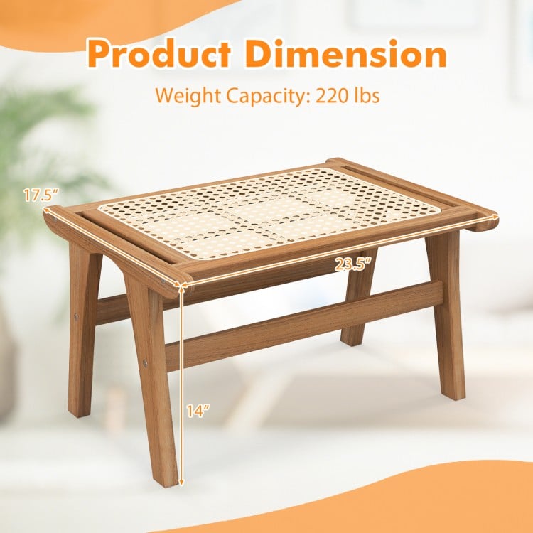 Natural Teak Wooden Foot Rest with Handwoven Rattan - Natural